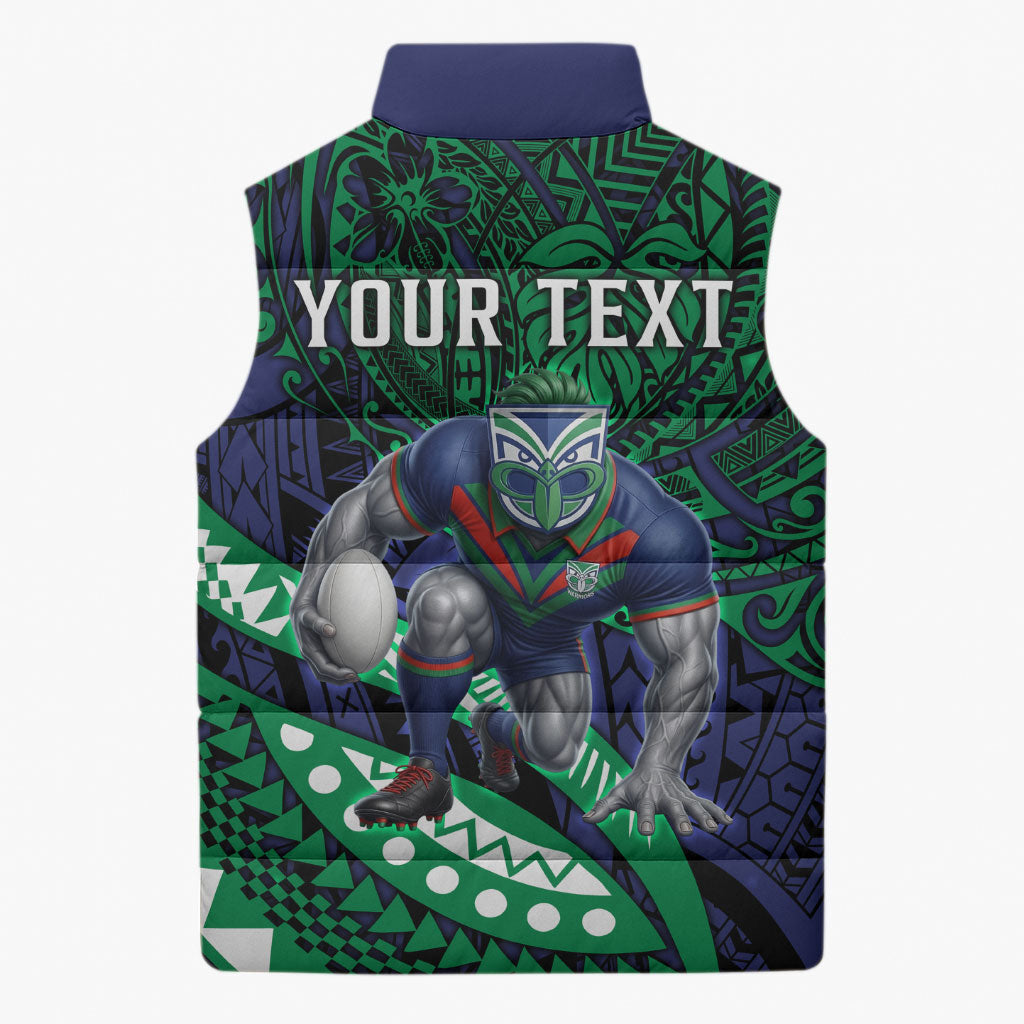 Personalised New Zealand Warriors Sleeveless Puffer Jacket Polynesian Tribal Art Style With Fierce Warrior Mascot