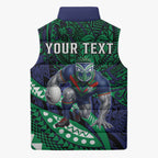 Personalised New Zealand Warriors Sleeveless Puffer Jacket Polynesian Tribal Art Style With Fierce Warrior Mascot