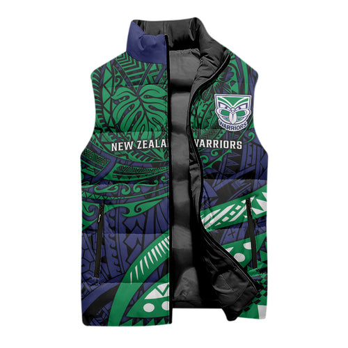 Personalised New Zealand Warriors Sleeveless Puffer Jacket Polynesian Tribal Art Style With Fierce Warrior Mascot