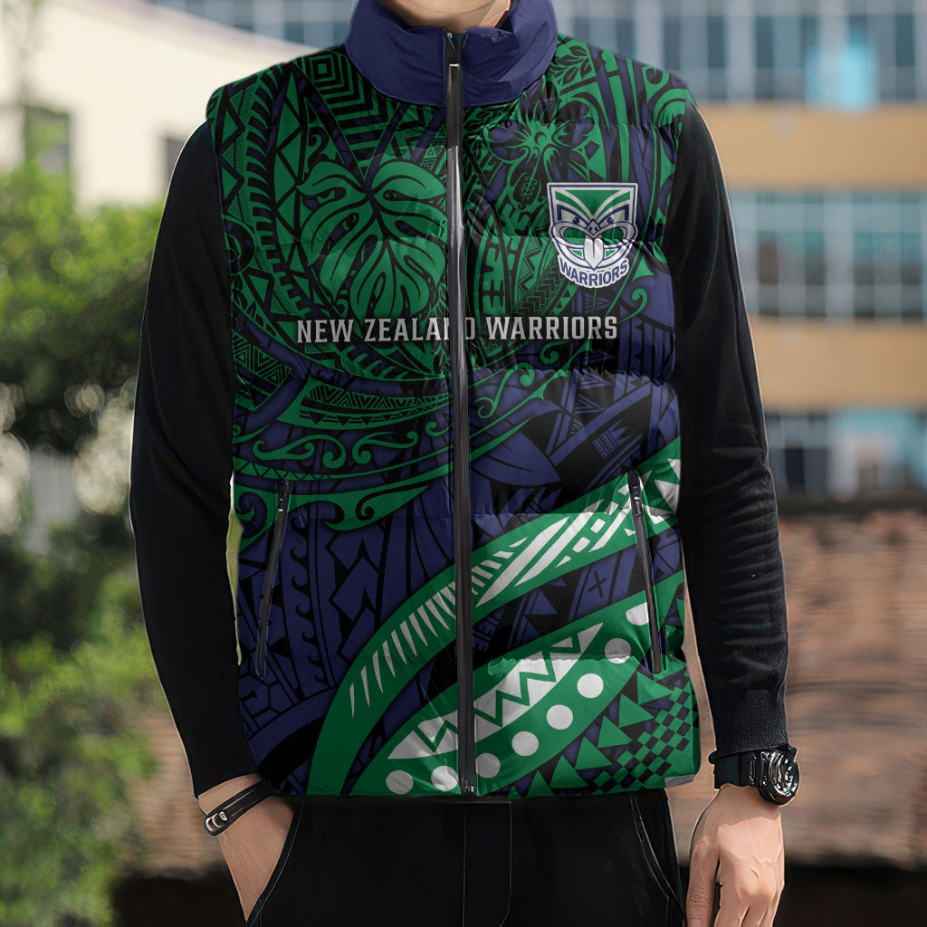 Personalised New Zealand Warriors Sleeveless Puffer Jacket Polynesian Tribal Art Style With Fierce Warrior Mascot