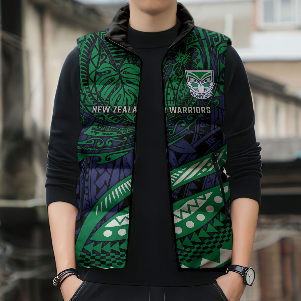 Personalised New Zealand Warriors Sleeveless Puffer Jacket Polynesian Tribal Art Style With Fierce Warrior Mascot