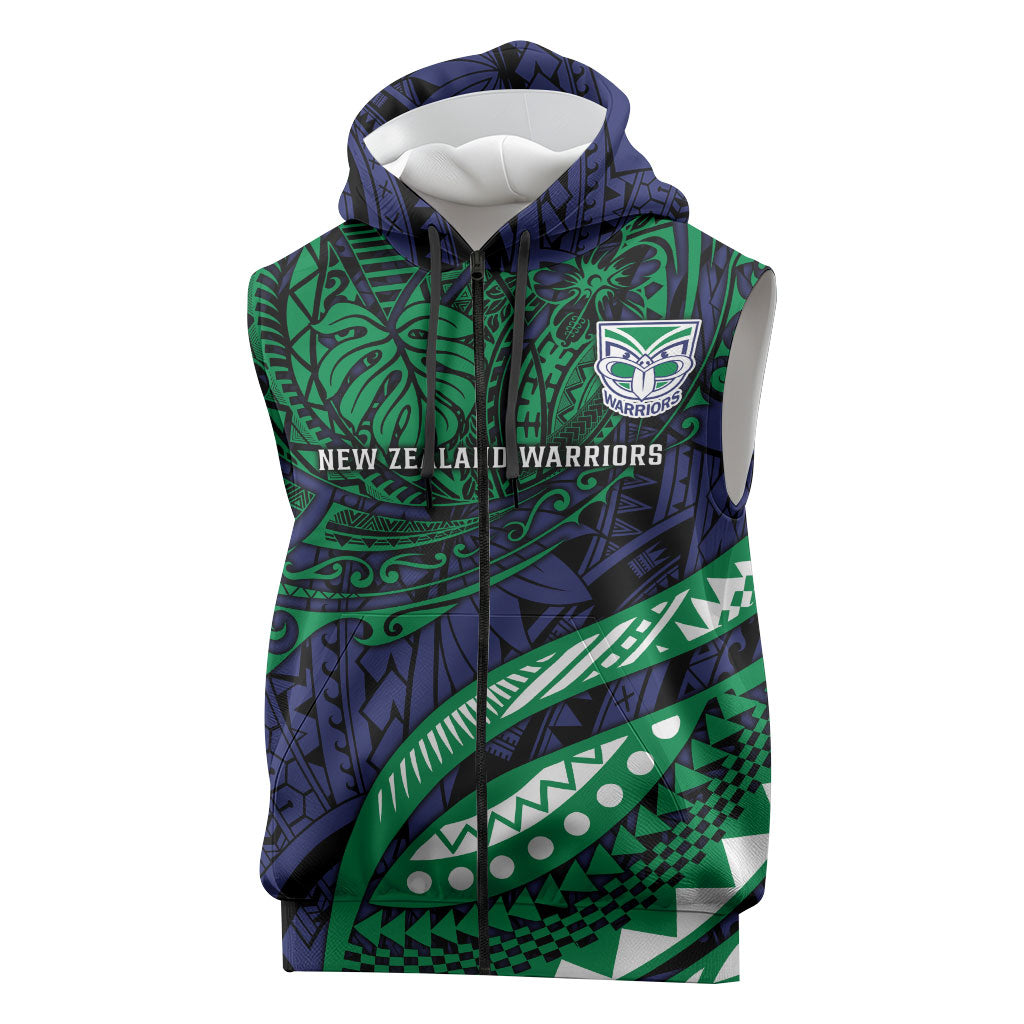 Personalised New Zealand Warriors Sleeveless Zip Hoodie Polynesian Tribal Art Style With Fierce Warrior Mascot