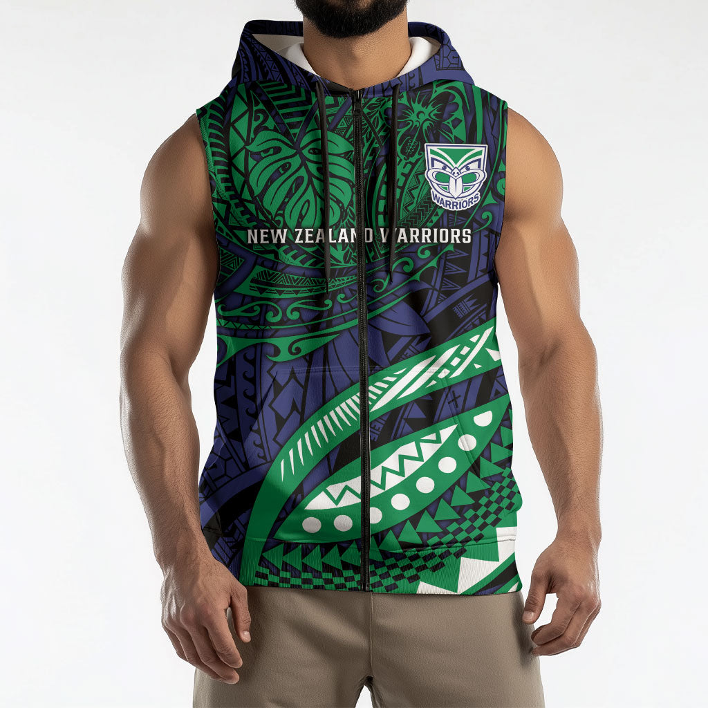 Personalised New Zealand Warriors Sleeveless Zip Hoodie Polynesian Tribal Art Style With Fierce Warrior Mascot