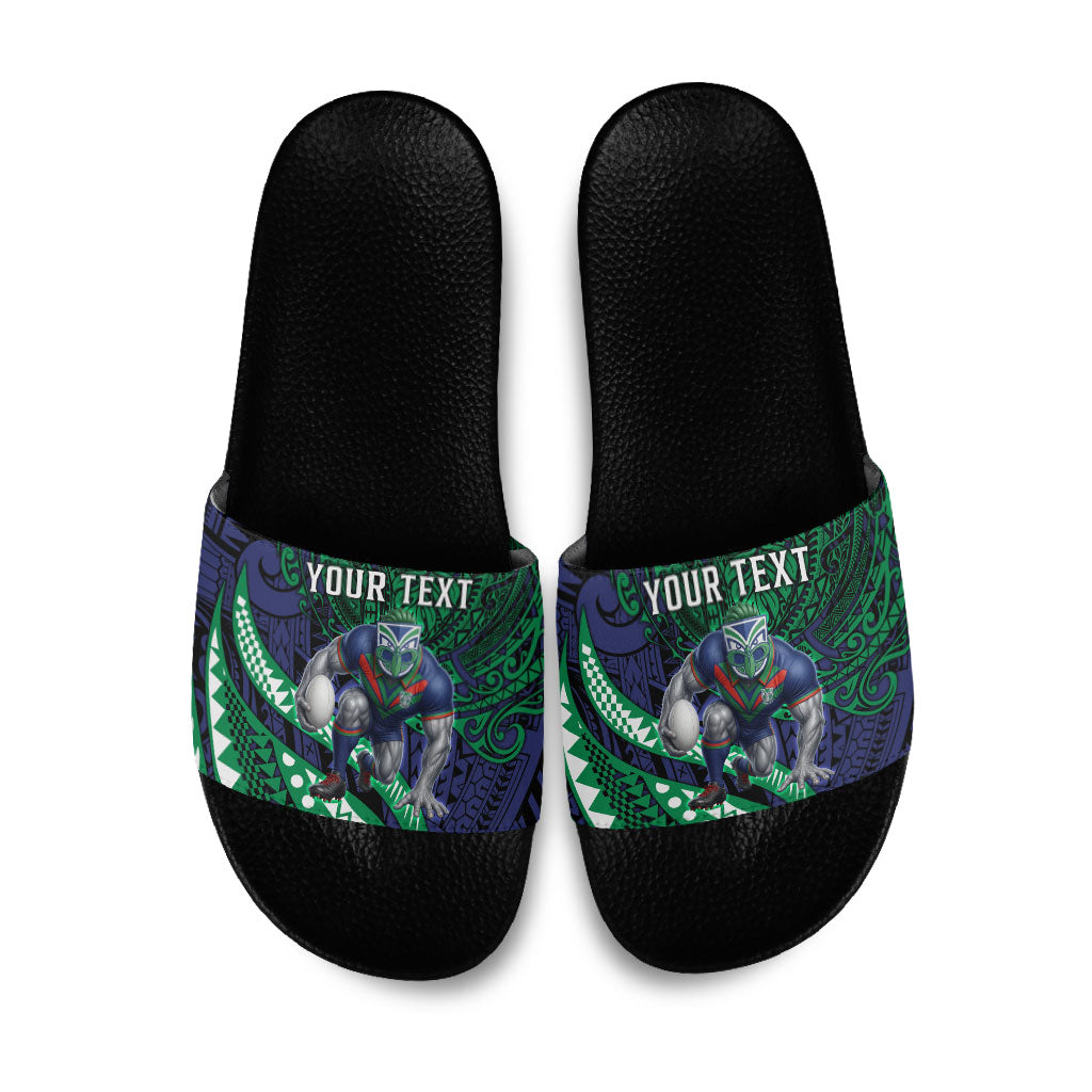 Personalised New Zealand Warriors Slide Sandals Polynesian Tribal Art Style With Fierce Warrior Mascot