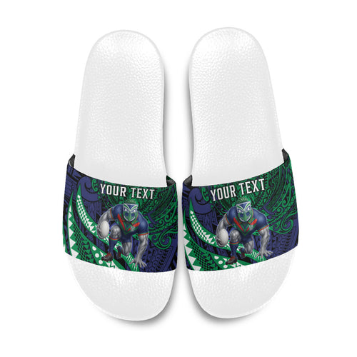 Personalised New Zealand Warriors Slide Sandals Polynesian Tribal Art Style With Fierce Warrior Mascot