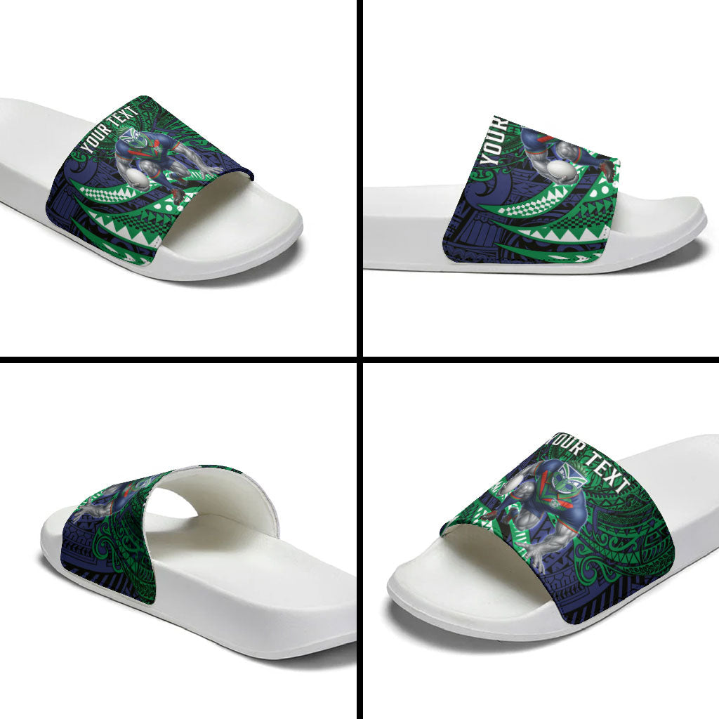 Personalised New Zealand Warriors Slide Sandals Polynesian Tribal Art Style With Fierce Warrior Mascot