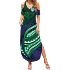 Personalised New Zealand Warriors Summer Maxi Dress Polynesian Tribal Art Style With Fierce Warrior Mascot