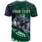 Personalised New Zealand Warriors T Shirt Polynesian Tribal Art Style With Fierce Warrior Mascot
