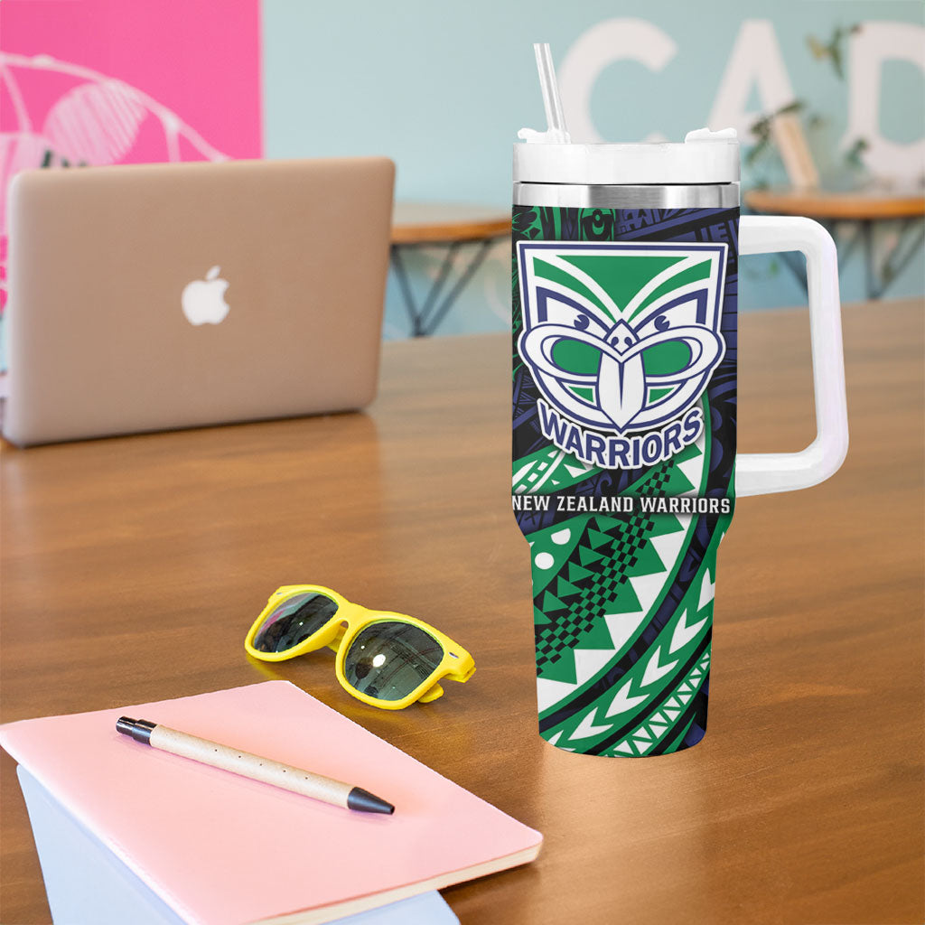 Personalised New Zealand Warriors Tumbler With Handle Polynesian Tribal Art Style With Fierce Warrior Mascot
