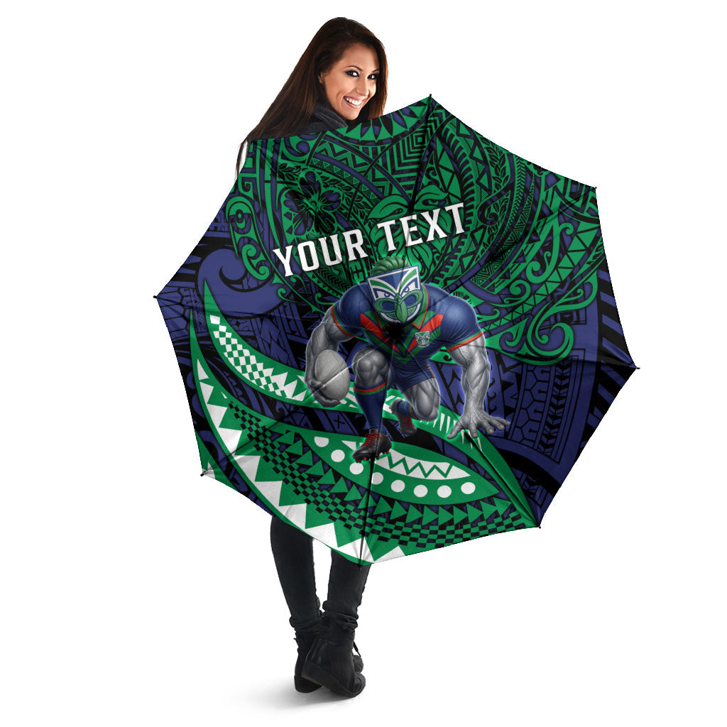 Personalised New Zealand Warriors Umbrella Polynesian Tribal Art Style With Fierce Warrior Mascot