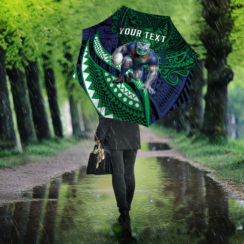 Personalised New Zealand Warriors Umbrella Polynesian Tribal Art Style With Fierce Warrior Mascot