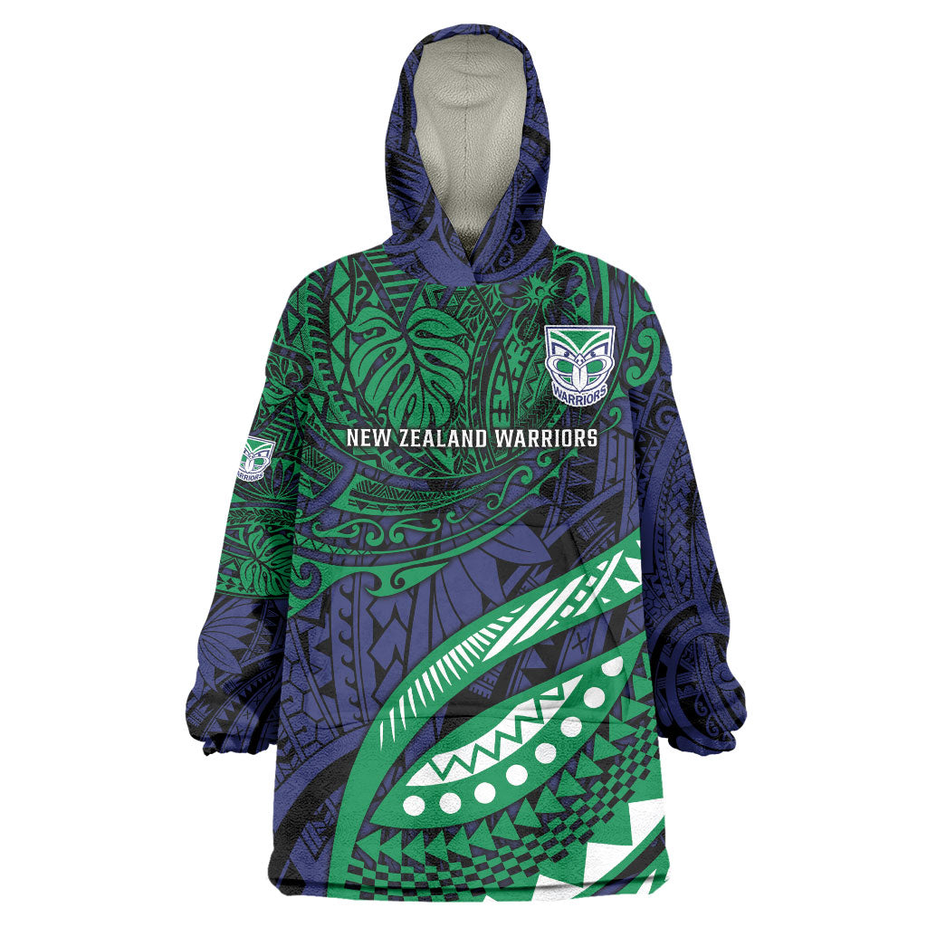 Personalised New Zealand Warriors Wearable Blanket Hoodie Polynesian Tribal Art Style With Fierce Warrior Mascot