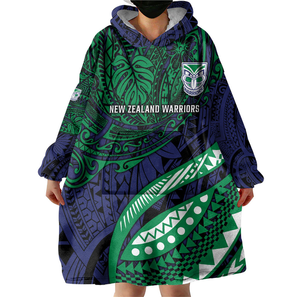 Personalised New Zealand Warriors Wearable Blanket Hoodie Polynesian Tribal Art Style With Fierce Warrior Mascot