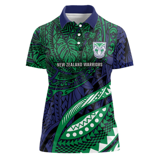 Personalised New Zealand Warriors Women Polo Shirt Polynesian Tribal Art Style With Fierce Warrior Mascot