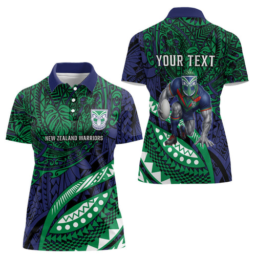 Personalised New Zealand Warriors Women Polo Shirt Polynesian Tribal Art Style With Fierce Warrior Mascot