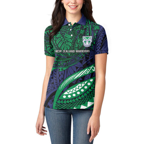 Personalised New Zealand Warriors Women Polo Shirt Polynesian Tribal Art Style With Fierce Warrior Mascot