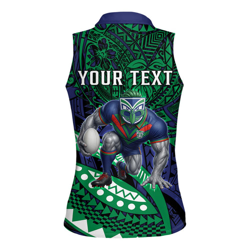 Personalised New Zealand Warriors Women Sleeveless Polo Shirt Polynesian Tribal Art Style With Fierce Warrior Mascot