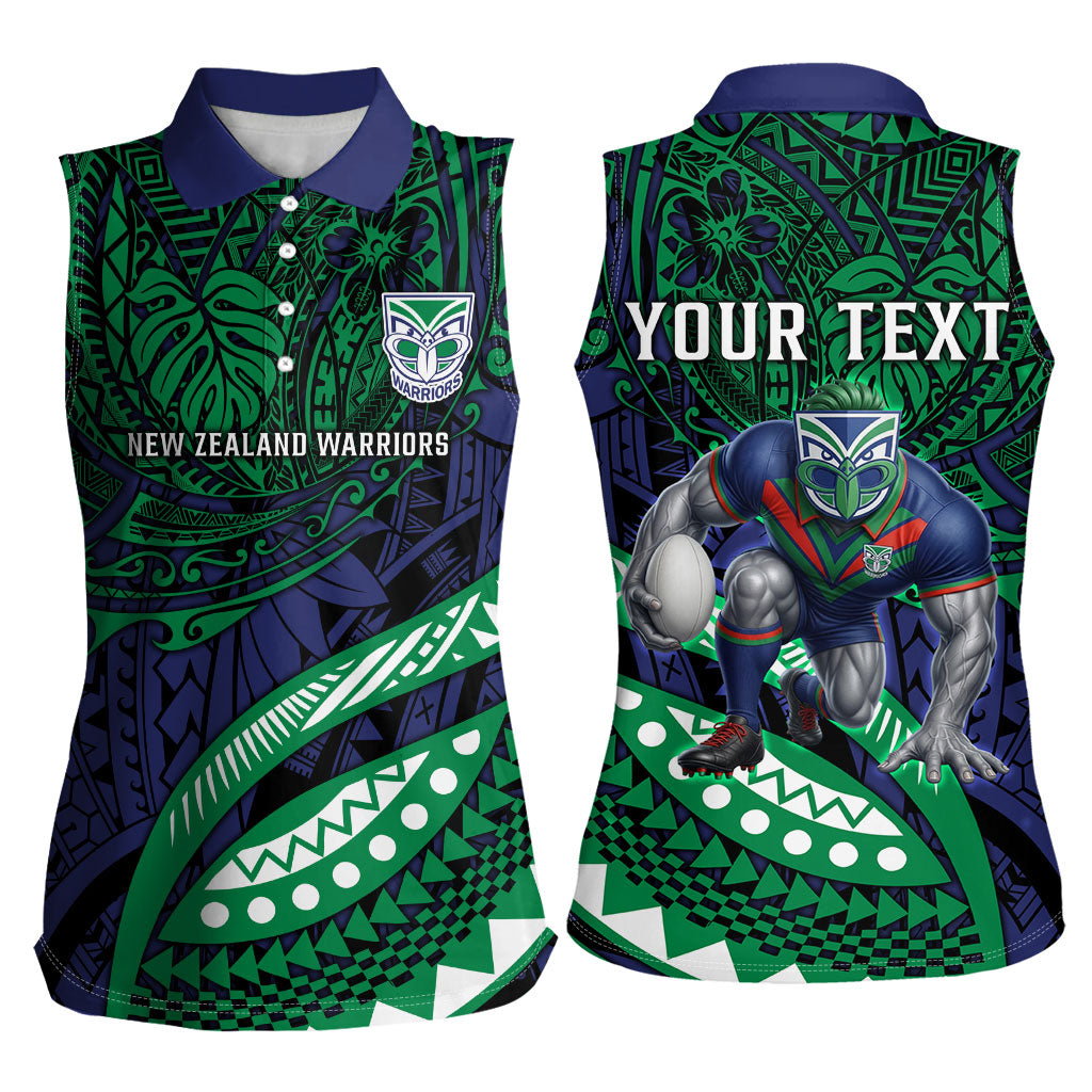 Personalised New Zealand Warriors Women Sleeveless Polo Shirt Polynesian Tribal Art Style With Fierce Warrior Mascot