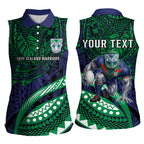 Personalised New Zealand Warriors Women Sleeveless Polo Shirt Polynesian Tribal Art Style With Fierce Warrior Mascot