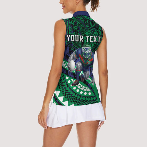 Personalised New Zealand Warriors Women Sleeveless Polo Shirt Polynesian Tribal Art Style With Fierce Warrior Mascot