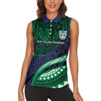 Personalised New Zealand Warriors Women Sleeveless Polo Shirt Polynesian Tribal Art Style With Fierce Warrior Mascot