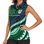 Personalised New Zealand Warriors Women Sleeveless Polo Shirt Polynesian Tribal Art Style With Fierce Warrior Mascot