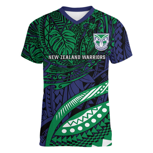 Personalised New Zealand Warriors Women V-Neck T-Shirt Polynesian Tribal Art Style With Fierce Warrior Mascot
