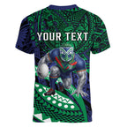 Personalised New Zealand Warriors Women V-Neck T-Shirt Polynesian Tribal Art Style With Fierce Warrior Mascot