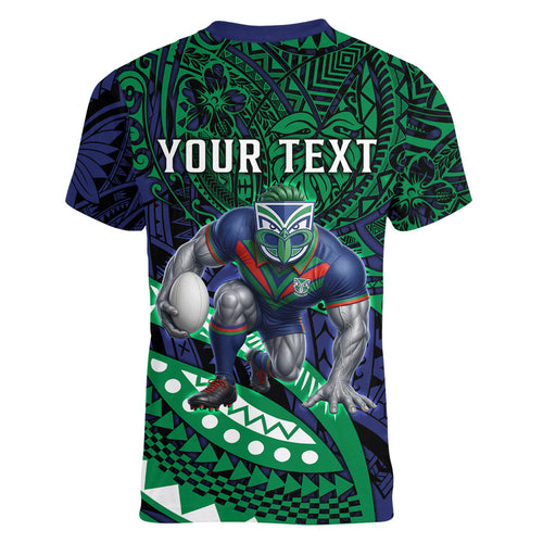 Personalised New Zealand Warriors Women V-Neck T-Shirt Polynesian Tribal Art Style With Fierce Warrior Mascot