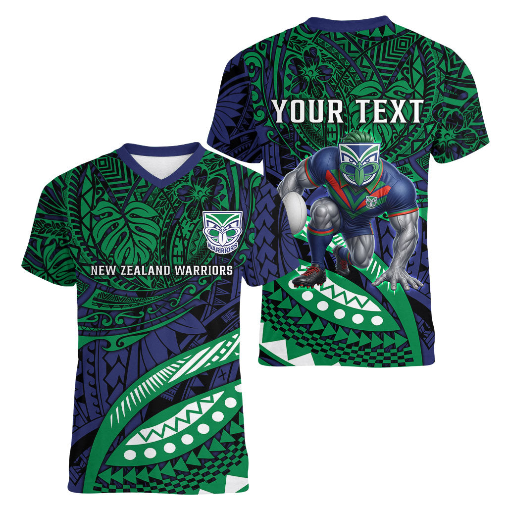 Personalised New Zealand Warriors Women V-Neck T-Shirt Polynesian Tribal Art Style With Fierce Warrior Mascot