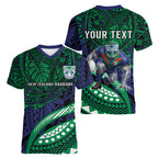 Personalised New Zealand Warriors Women V-Neck T-Shirt Polynesian Tribal Art Style With Fierce Warrior Mascot
