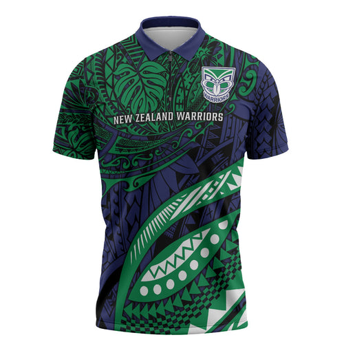 Personalised New Zealand Warriors Zipper Polo Shirt Polynesian Tribal Art Style With Fierce Warrior Mascot