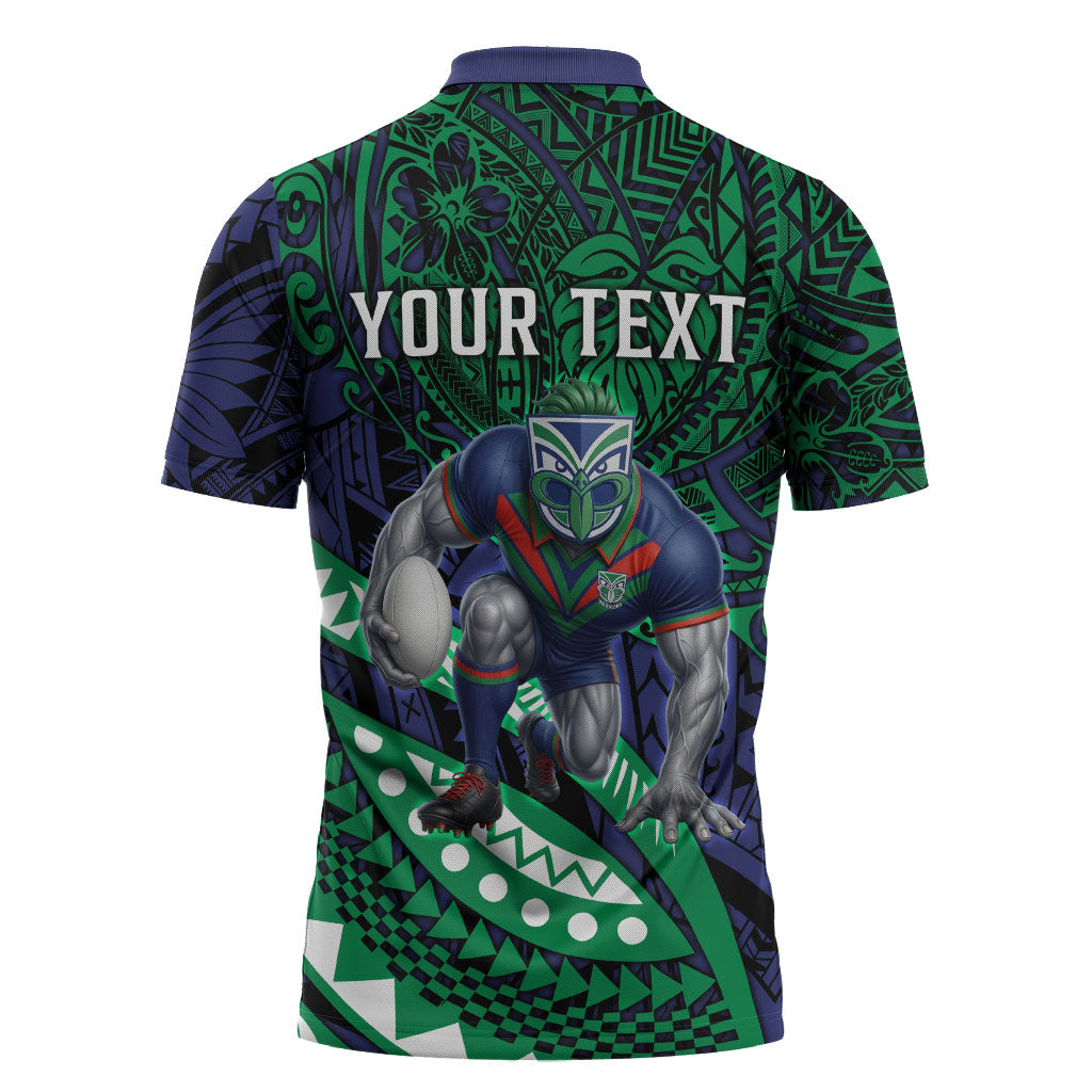 Personalised New Zealand Warriors Zipper Polo Shirt Polynesian Tribal Art Style With Fierce Warrior Mascot