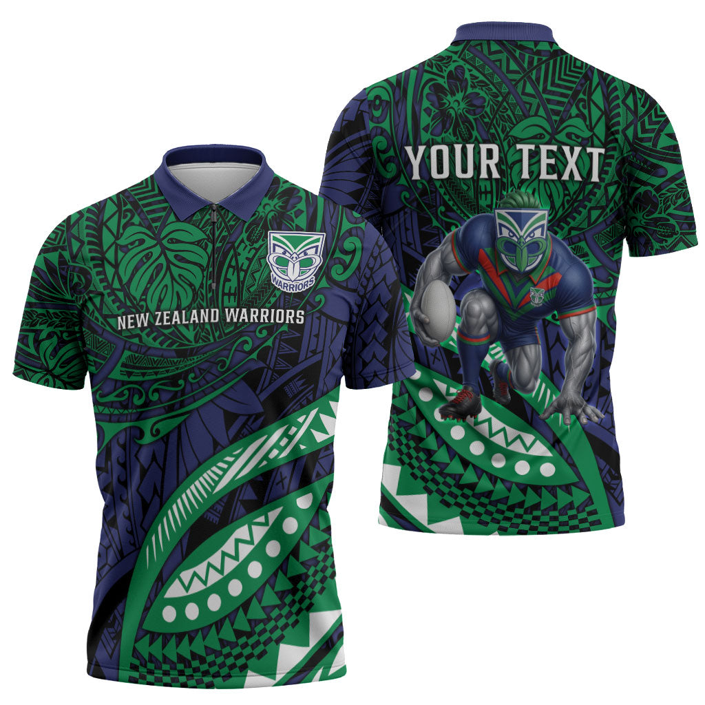 Personalised New Zealand Warriors Zipper Polo Shirt Polynesian Tribal Art Style With Fierce Warrior Mascot