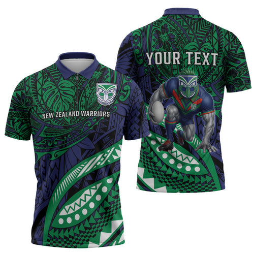 Personalised New Zealand Warriors Zipper Polo Shirt Polynesian Tribal Art Style With Fierce Warrior Mascot