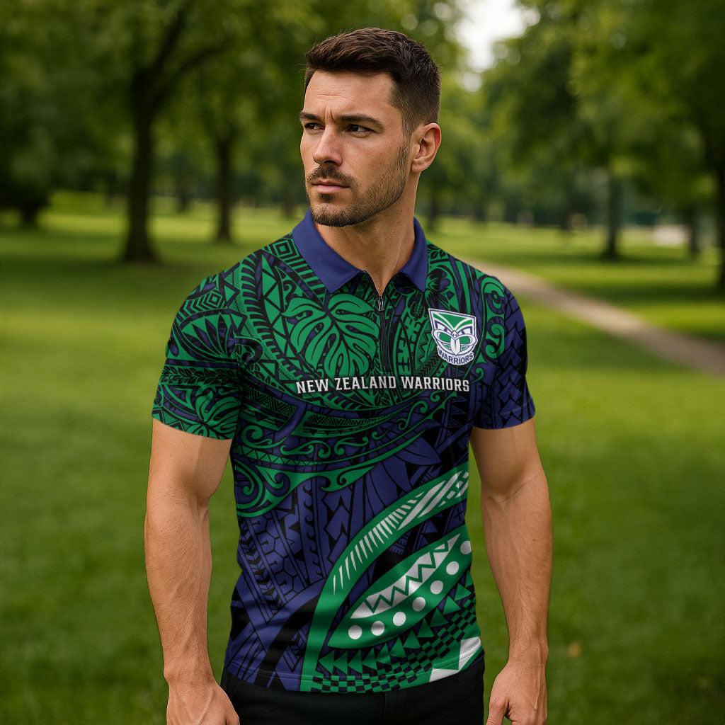 Personalised New Zealand Warriors Zipper Polo Shirt Polynesian Tribal Art Style With Fierce Warrior Mascot