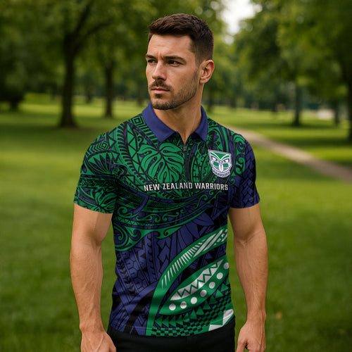 Personalised New Zealand Warriors Zipper Polo Shirt Polynesian Tribal Art Style With Fierce Warrior Mascot