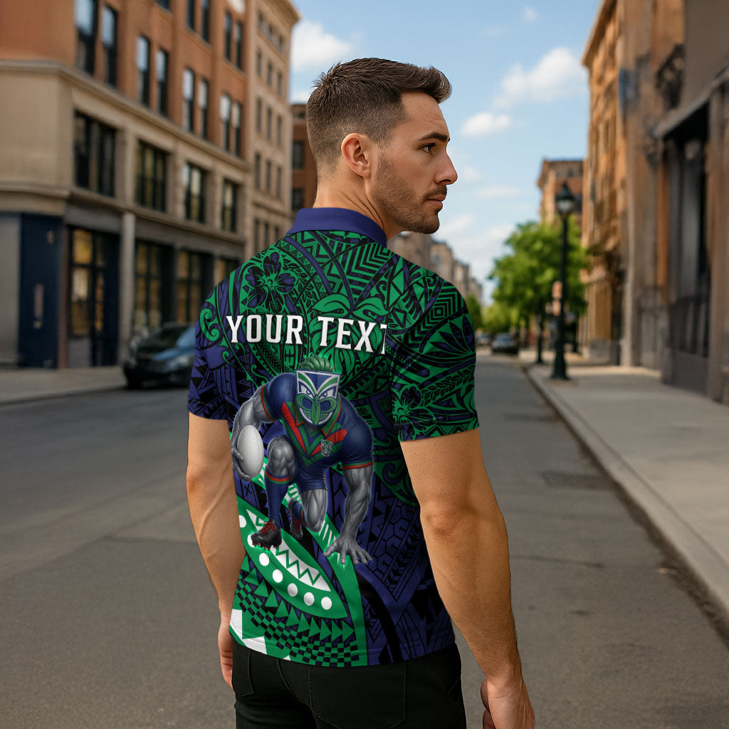 Personalised New Zealand Warriors Zipper Polo Shirt Polynesian Tribal Art Style With Fierce Warrior Mascot