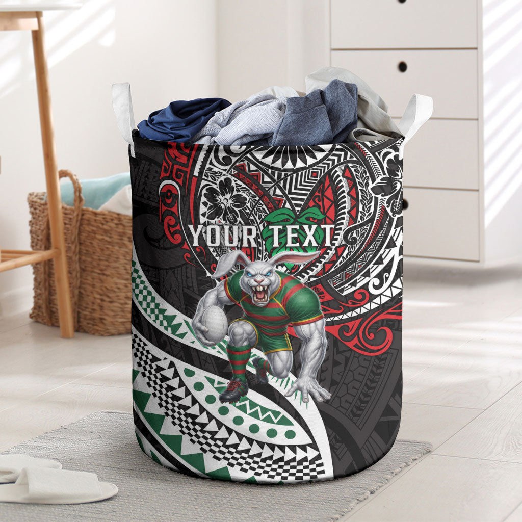 Personalised South Sydney Rabbitohs Laundry Basket Polynesian Tribal Art Style With Powerful Rabbit Mascot