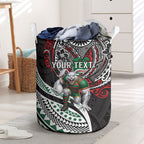 Personalised South Sydney Rabbitohs Laundry Basket Polynesian Tribal Art Style With Powerful Rabbit Mascot