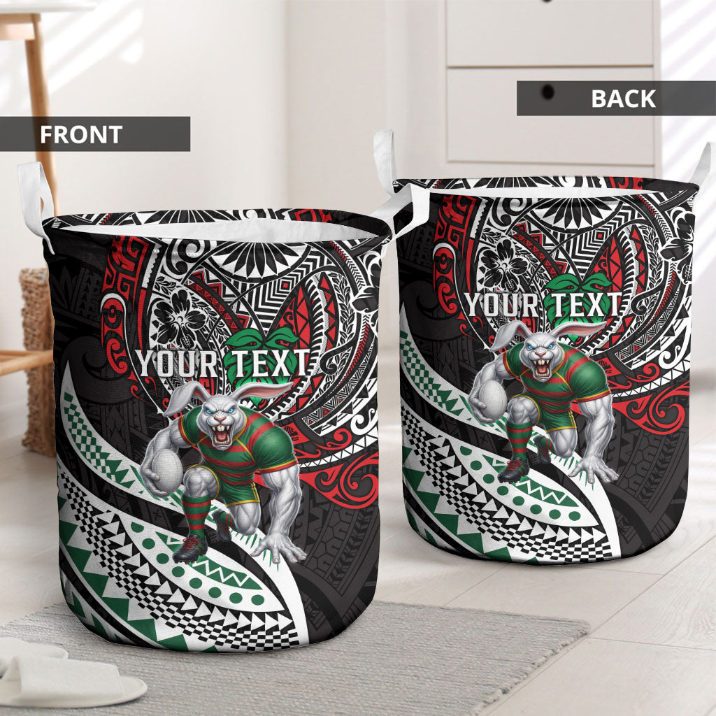 Personalised South Sydney Rabbitohs Laundry Basket Polynesian Tribal Art Style With Powerful Rabbit Mascot