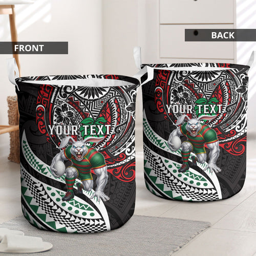 Personalised South Sydney Rabbitohs Laundry Basket Polynesian Tribal Art Style With Powerful Rabbit Mascot