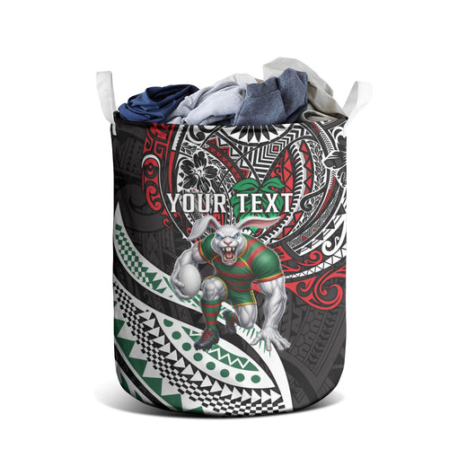 Personalised South Sydney Rabbitohs Laundry Basket Polynesian Tribal Art Style With Powerful Rabbit Mascot