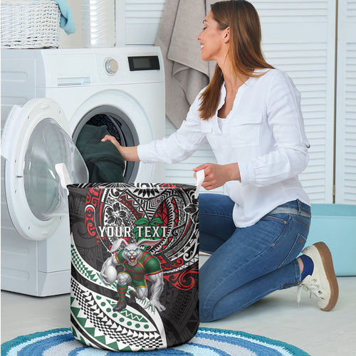 Personalised South Sydney Rabbitohs Laundry Basket Polynesian Tribal Art Style With Powerful Rabbit Mascot