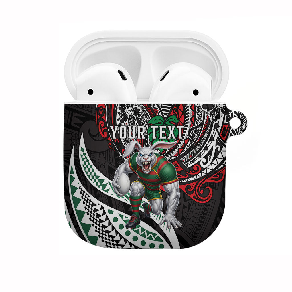 Personalised South Sydney Rabbitohs AirPods Case Polynesian Tribal Art Style With Powerful Rabbit Mascot
