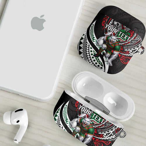Personalised South Sydney Rabbitohs AirPods Case Polynesian Tribal Art Style With Powerful Rabbit Mascot