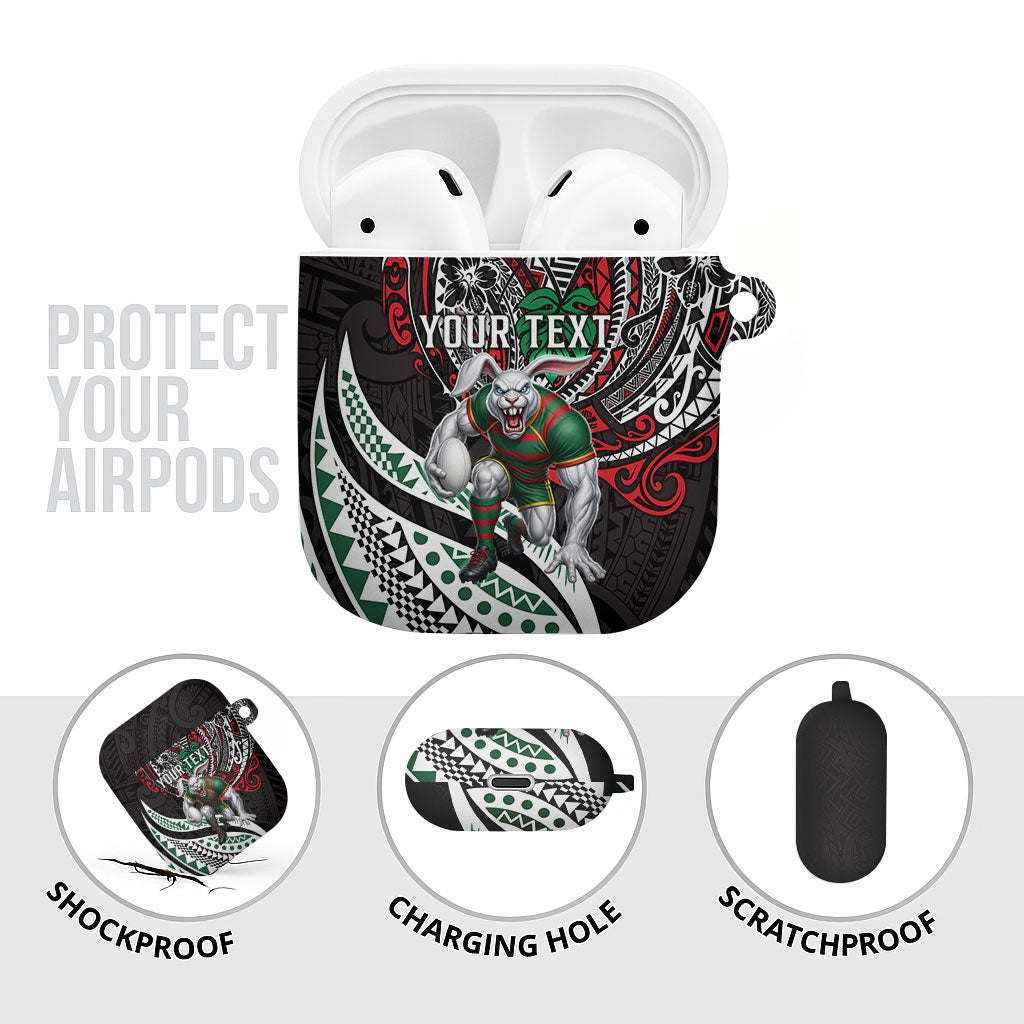 Personalised South Sydney Rabbitohs AirPods Case Polynesian Tribal Art Style With Powerful Rabbit Mascot