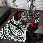 Personalised South Sydney Rabbitohs Area Rug Polynesian Tribal Art Style With Powerful Rabbit Mascot