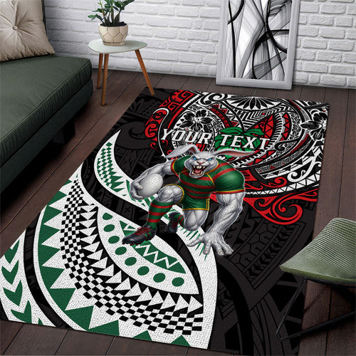 Personalised South Sydney Rabbitohs Area Rug Polynesian Tribal Art Style With Powerful Rabbit Mascot