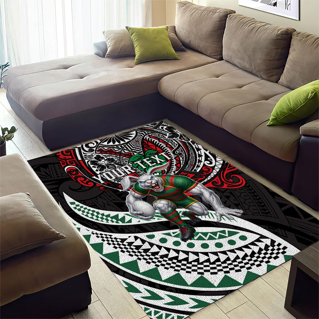 Personalised South Sydney Rabbitohs Area Rug Polynesian Tribal Art Style With Powerful Rabbit Mascot